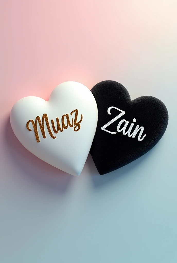 Send me two hearts white and black colour first name write muaz and second name write Zain