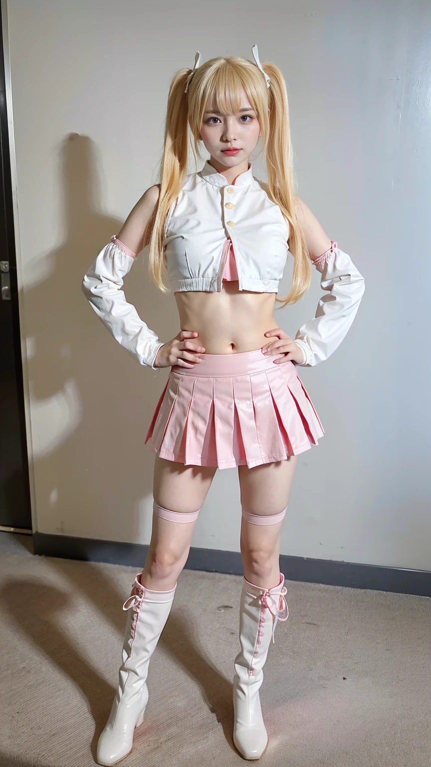 (8k、RAW Photos、Highest quality、masterpiece:1.2)、(Realistic、Realistic)、1 person、((White and pink、Belly button、enamel、mini skirt、、Blonde、Twin tails、Breast enlargement、boots、Thin legs、whole body、View from the front、Looking into the camera、Stand with hands on hips))、cute