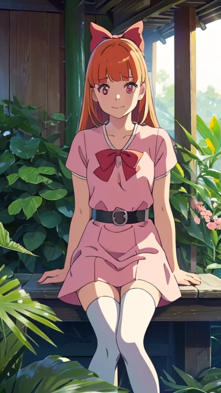 (1girl, solo, highly insanely detailed, masterpiece, top quality, best quality, highres, 4k, 8k, RAW photo),((innocent look)),((Childish)),From the front, symmetrical composition,smile,cute,Innocent,Kind eyes, kotonoha no niwa, garden, The Garden of Words, (blossom)
(orange hair, blunt bangs, pink eyes,hair bow, red bow, simple pink dress, simple black belt, white thighhighs)