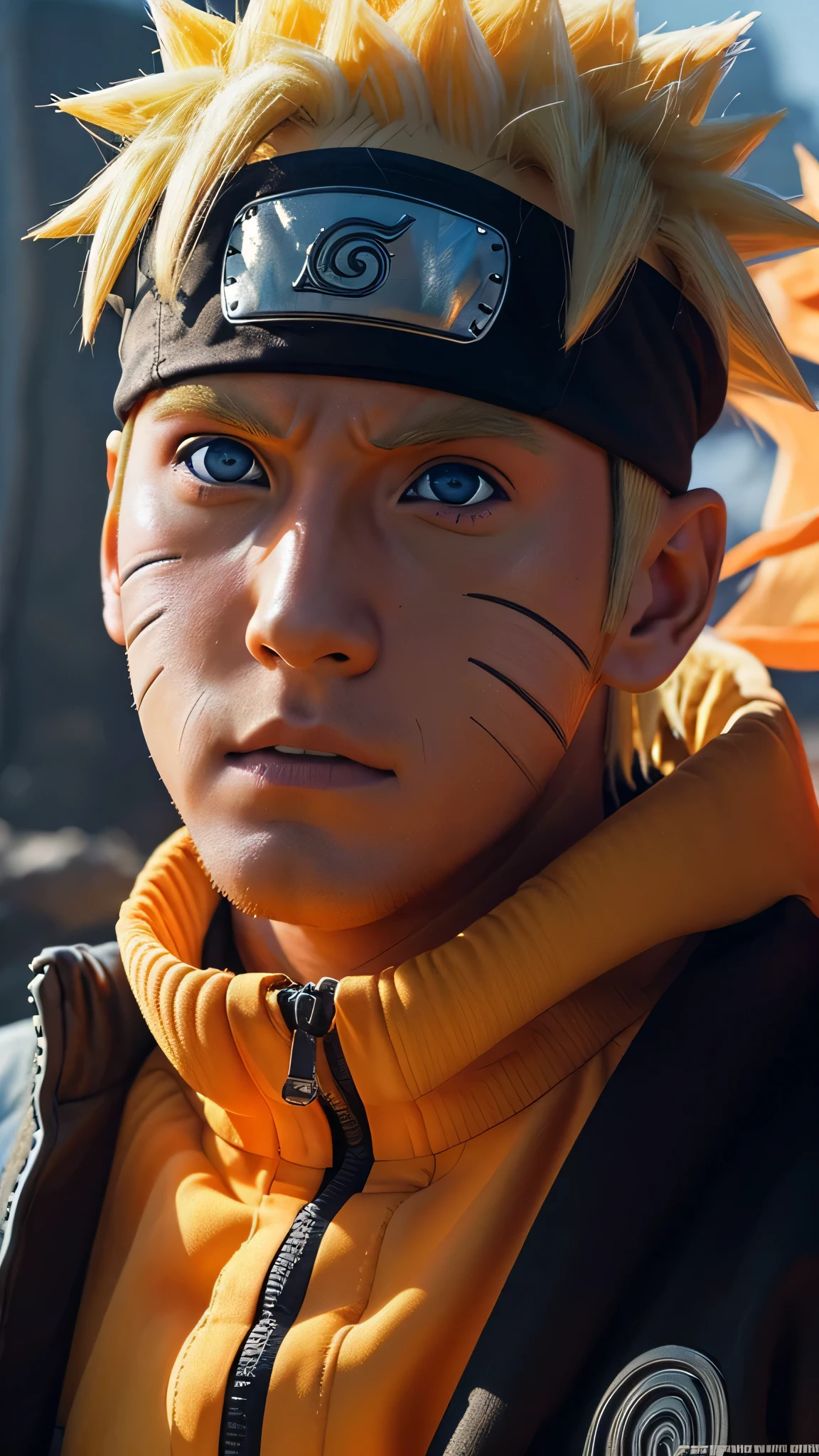 Naruto, Naruto uzumaki, Create a mascular Naruto uzumaki avatar, a close badass look. Inspired by Naruto uzumaki from Naruto, photo (photorealism) (realistic) (ultra HD) (8k wallpaper) (fine details) (extreme details on face)