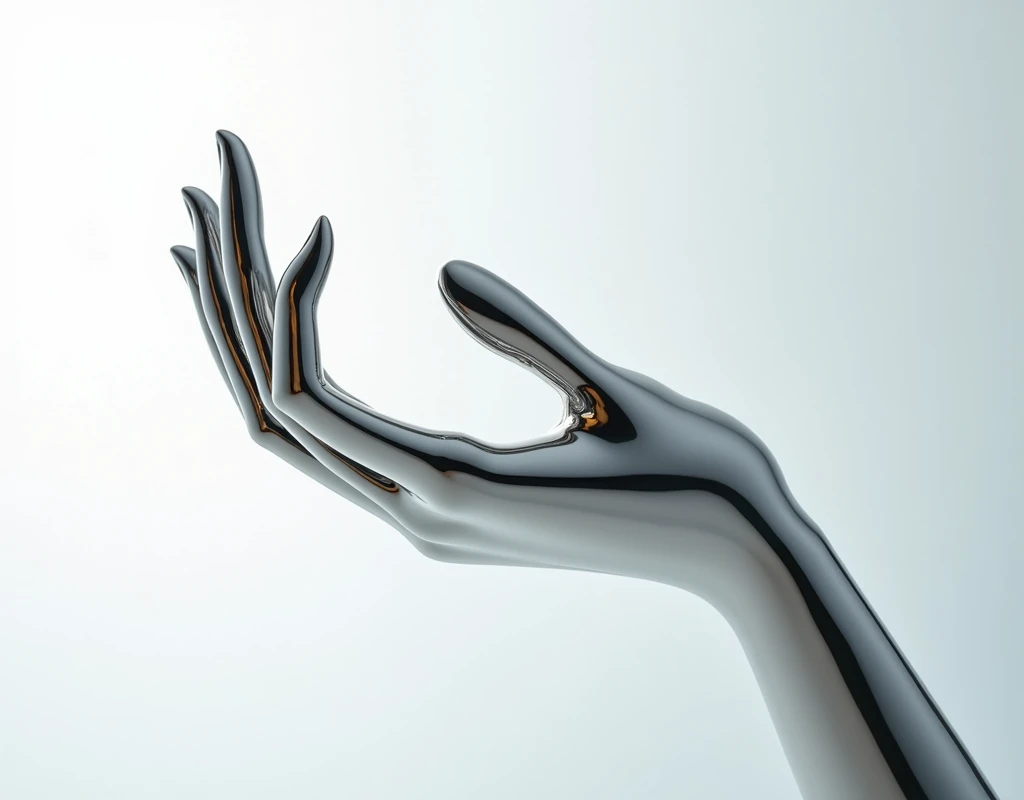 Liquid metal art, a feminine hand, manicured hand, dynamic position