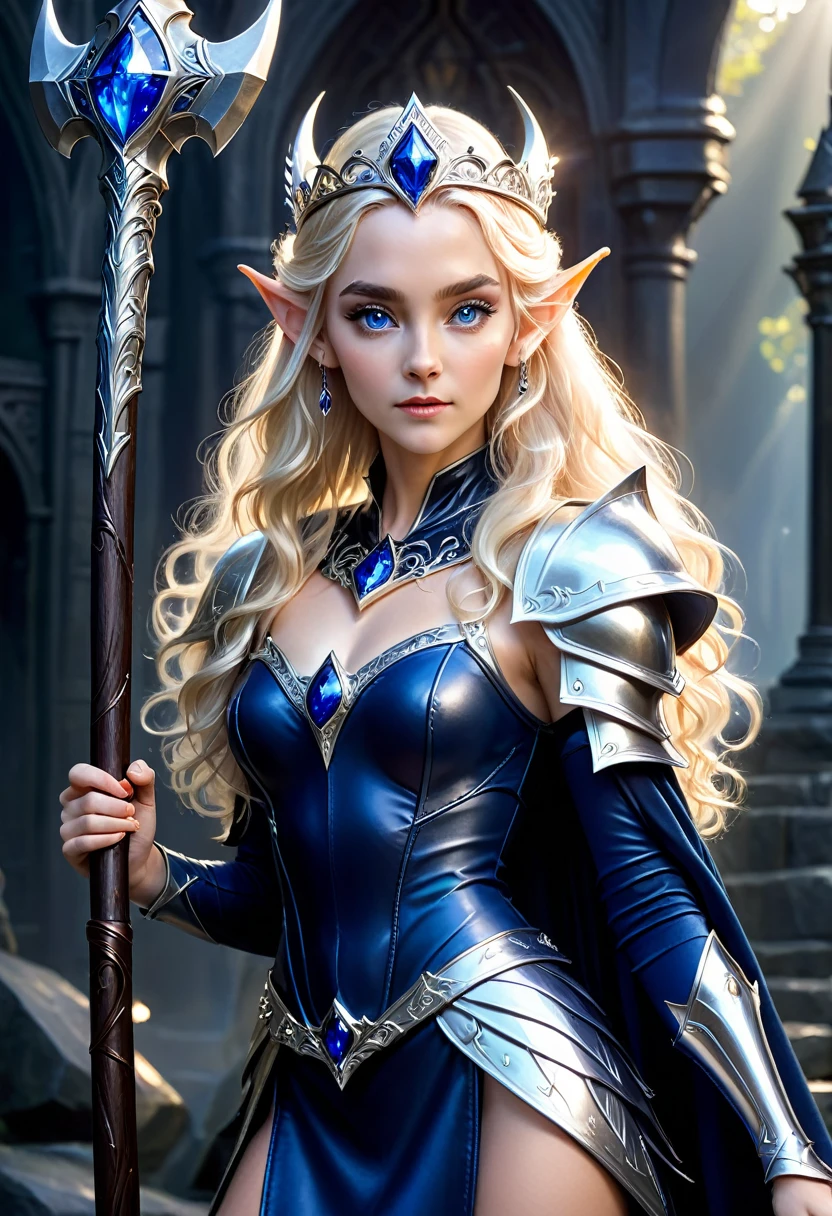 young elven female princess in a long sexy fantasy leather dress and a skirt with sapphire accessories, long curly blonde hair with a shiny silver tiara and darkblue saphires, dark blue eyes, pointy elven ears, holding a silver metallic battlehammer in her right hand and a large silver shield in her left hand, saphire accessories, holy light is covering her from the background, high resolution, 4k, detailed eyes
