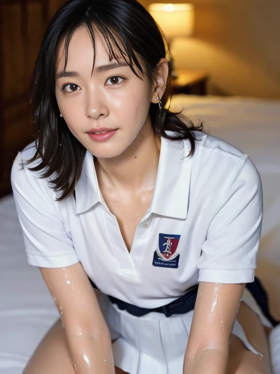 (Masterpiece, Best quality:1.4), (Ultra realistic, Photo-realistic:1.2), Natural light, 28 years old actress, Japanese women, Neat and clean, (Tennis uniform, White short-sleeve polo shirt, Navyblue pleated skirt:1.2), (unbutton:1.3), (Ponytail:1.2), Short wavy hair, Light brown hair color, (Beautiful Face), Oval face, clear, (Beautiful eyes, Kind eyes), (Wet skin:1.4), Clear skin, Small face, (Small mouth), (Beautiful mouth), Natural makeup, Approachable, Luxury hotel Suite room, On bed, Seductive smile, (Seductive pose:1.2), Beautiful thighs, (Bedroom eyes), (nsfw:1.1), (ecstasy), (lesbian couple), (petting together:1.2), obscene reality of girls, (erotic pose:1.2), aragakiyui,