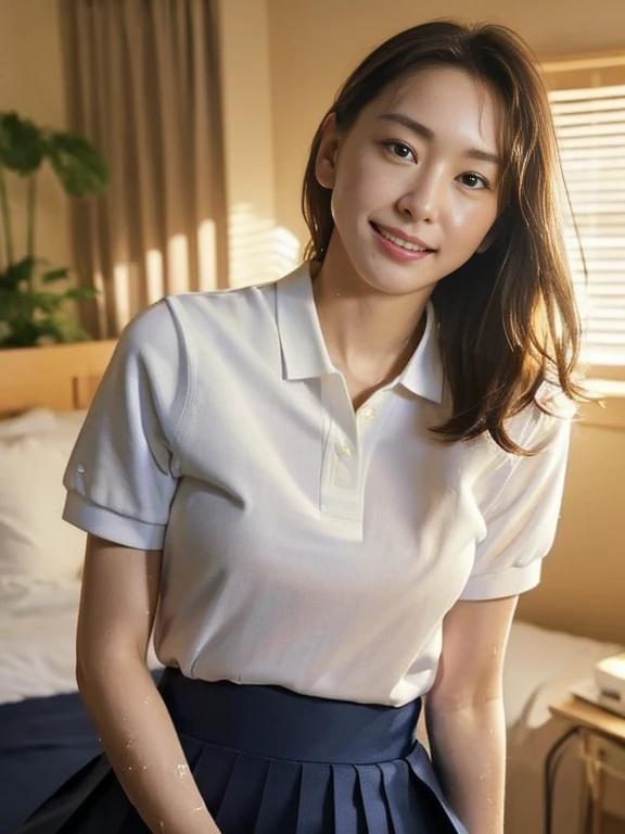 (Masterpiece, Best quality:1.4), (Ultra realistic, Photo-realistic:1.2), Natural light, 28 years old actress, Japanese women, Neat and clean, (Tennis uniform, White short-sleeve polo shirt, Navyblue pleated skirt:1.2), (unbutton:1.3), (Ponytail:1.2), Short wavy hair, Light brown hair color, (Beautiful Face), Oval face, clear, (Beautiful eyes, Kind eyes), (Wet skin:1.4), Clear skin, Small face, (Small mouth), (Beautiful mouth), Natural makeup, Approachable, Luxury hotel Suite room, On bed, Seductive smile, (Seductive pose:1.2), Beautiful thighs, (Bedroom eyes), (nsfw:1.1), (ecstasy), (lesbian couple), (petting together:1.2), obscene reality of girls, (erotic pose:1.2), aragakiyui,