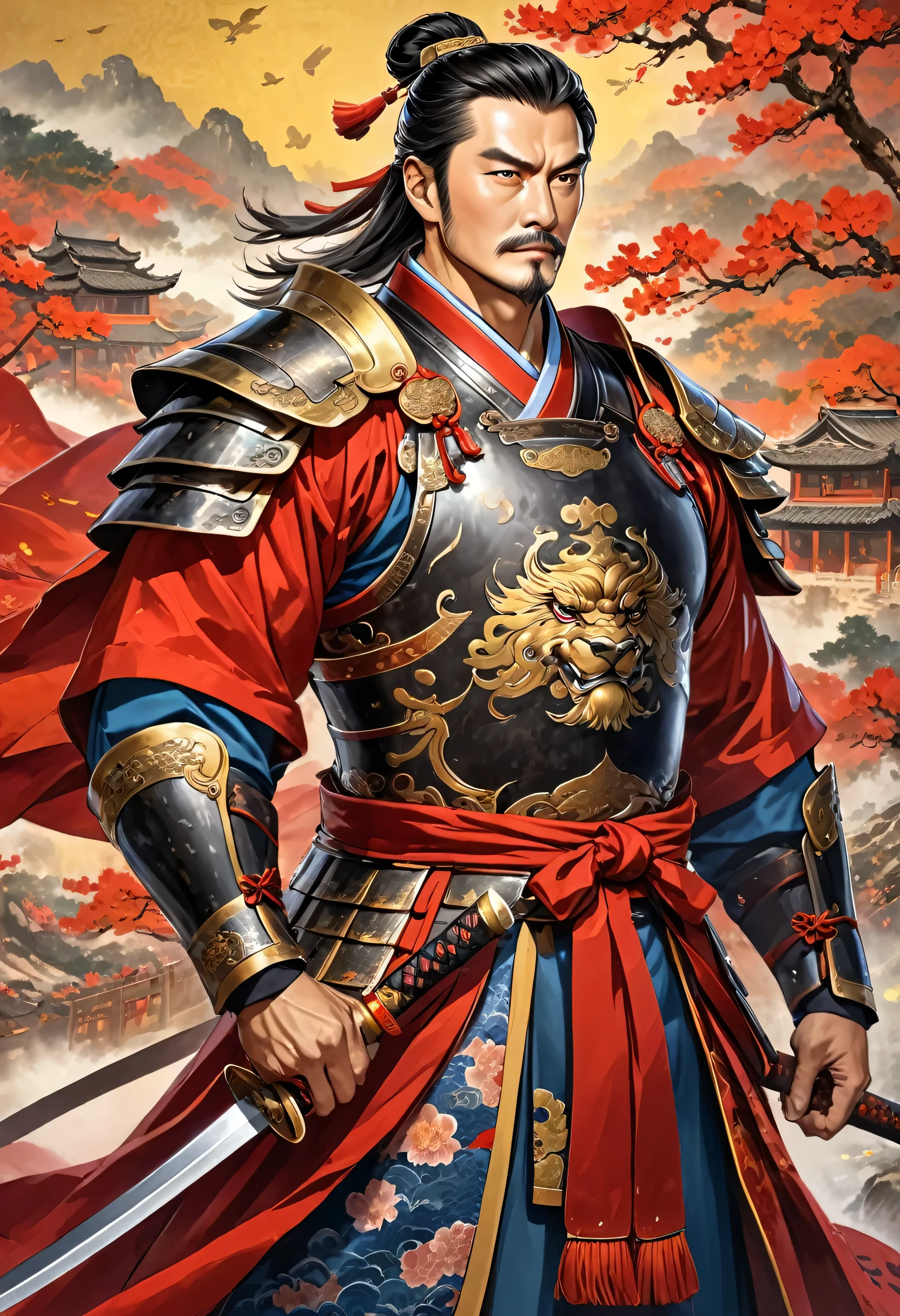 Three Kingdoms, middle aged man, charisma, leader, handsome, Chinese armor, Traditional Chinese Costumes, Chinese Background, muscular body, Traditional Chinese armor