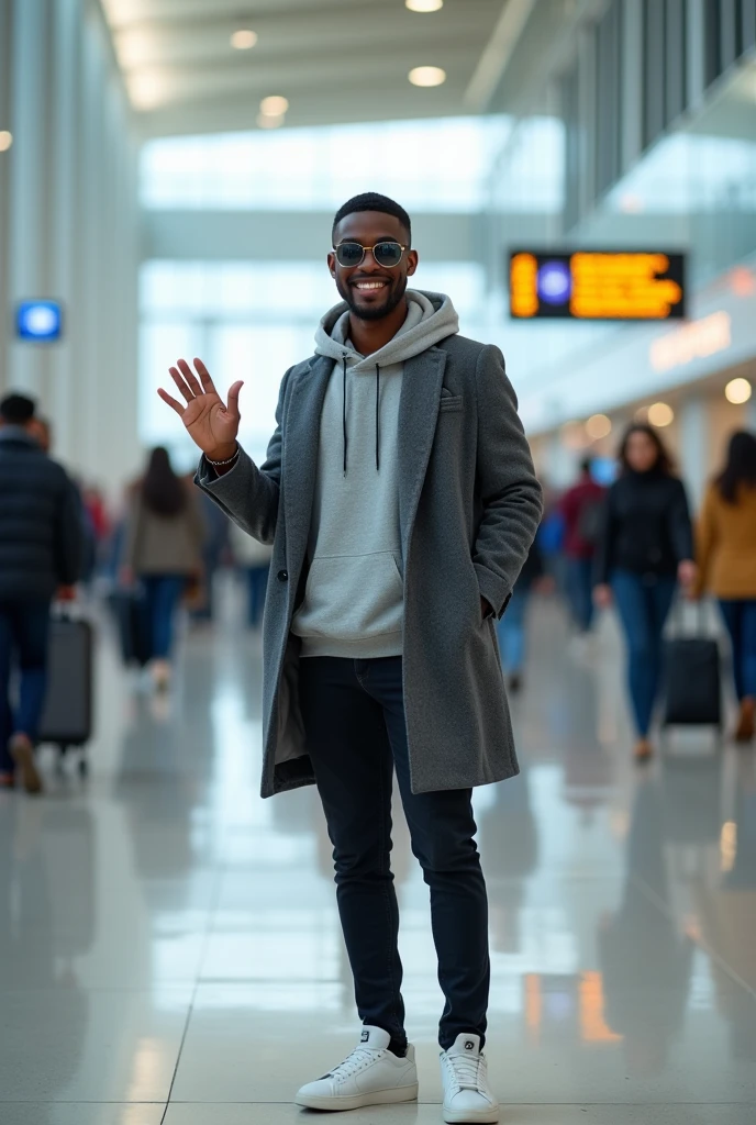best qualityer:1.4), (ultra high resolution:1.2), (photorrealistic:1.4), (8k, CRU photo:1.2), 1 20 year old young man, dark-skinned, low hair, sunglasses, a black backpack on his back, gray sweatshirt and gray coat, a pair of white sneakers, He's at the airport, he's waving at the camera