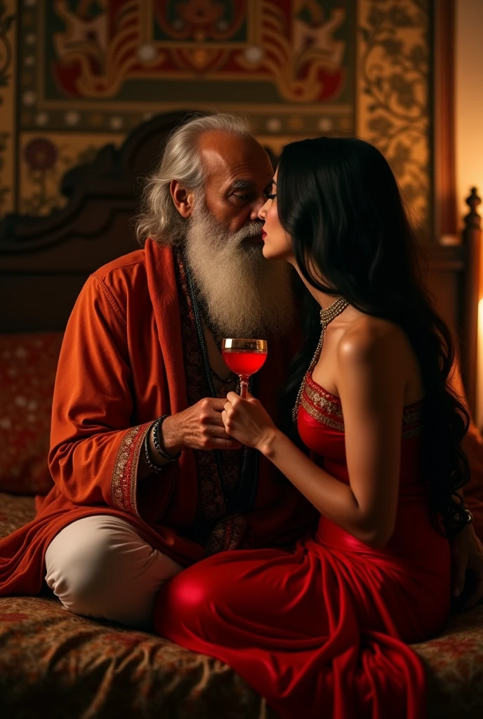 Old Hindu pandit, drinking blood,girl curvy hourglass body, wearing red saree, kissing on bed , in night