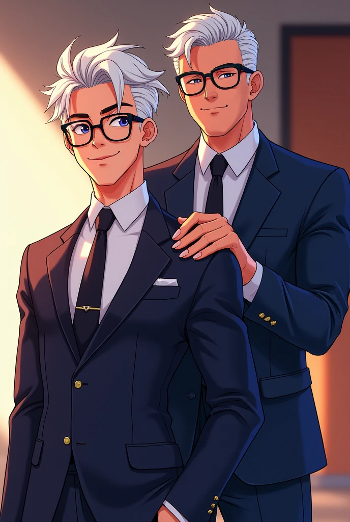 A man
wearing glasses
anime
white hair
muscular
young-looking face
wearing a suit
fair skin
handsome
There's another man behind him
The man behind is grabbing his shoulder
The man behind is the same size as the man in front