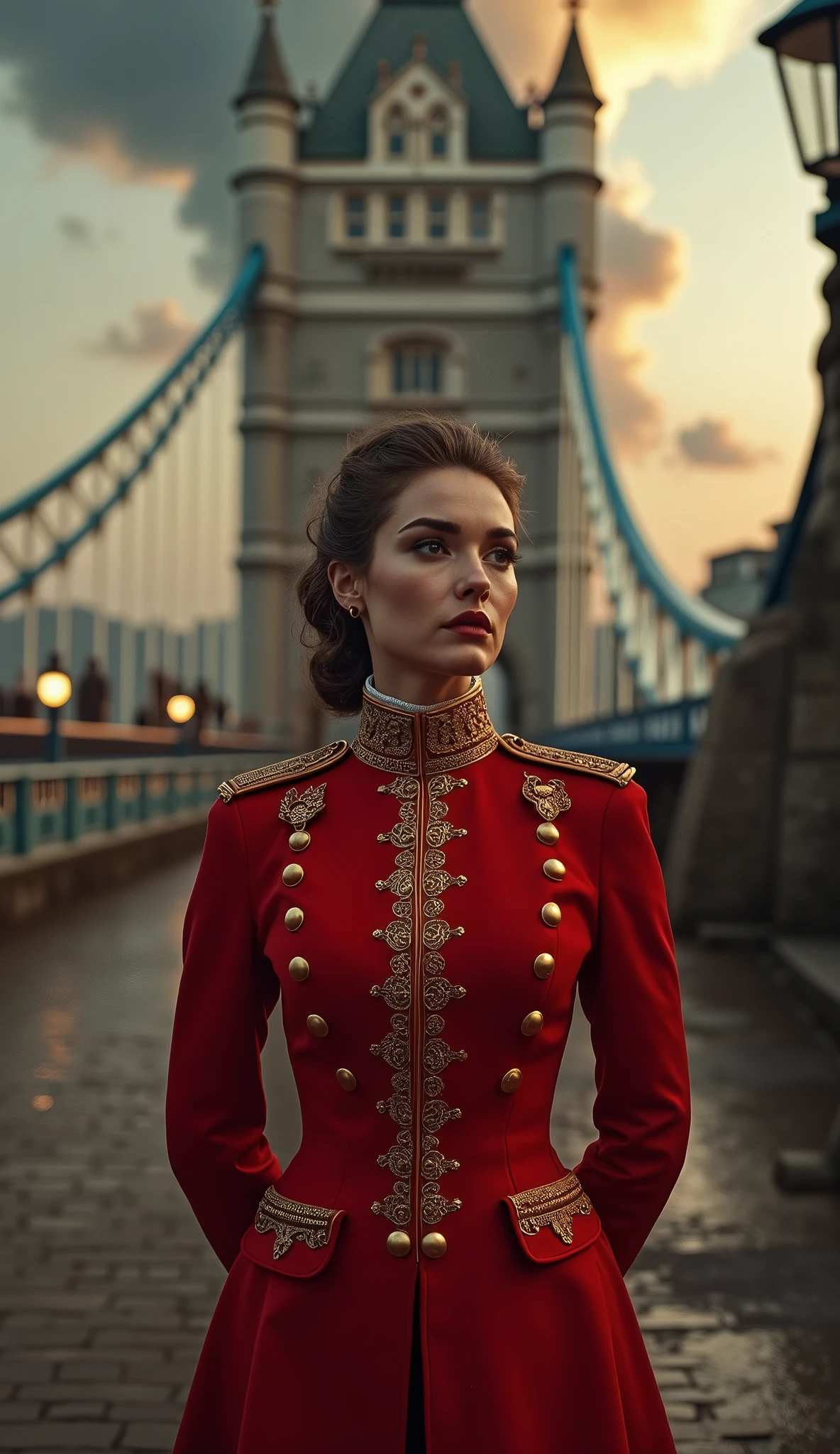 A beautiful female British Army officer in Victorian Era red tunic uniform, standing guard at a London landmark, with a nuclear fallout background, high quality, photorealistic, masterpiece, extremely detailed, cinematic lighting, dramatic composition