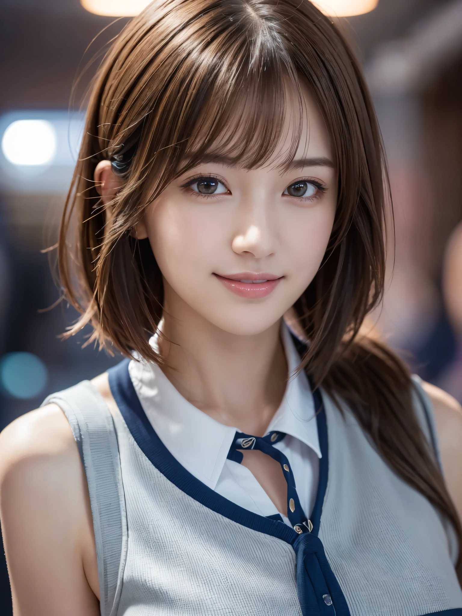 1 cabin attendant,(ANA Uniforms), (RAW Photos, Highest quality), (Realistic, Photorealistic:1.4), Tabletop, Very delicate and beautiful, Very detailed, 8k wallpaper, wonderful, In detail, Highly detailed CG unification, High resolution, Soft Light, Beautiful and detailed 25-year-old beauty, Very detailed目と顔, Beautifully detailed nose, Beautiful attention to detail,Cinema Lighting,Night airport,Perfect Anatomy,Slender body,smile  (Bob, My hair is messy, Asymmetrical bangs, Light brown hair,)