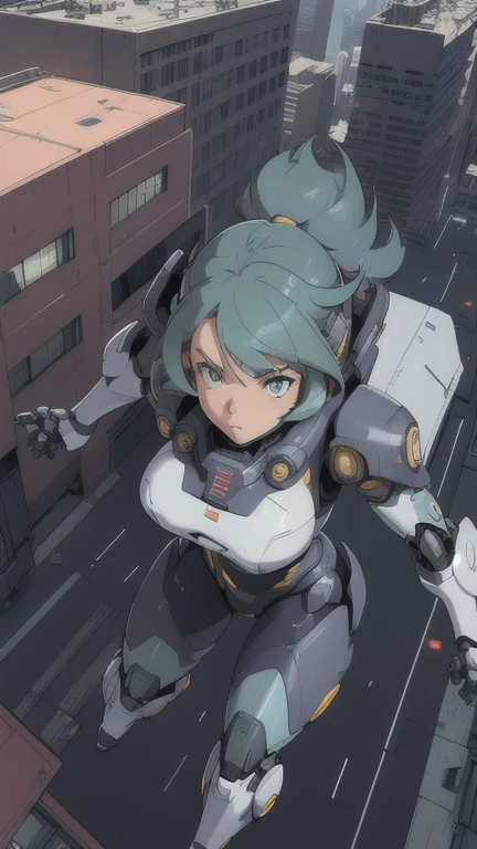 1 girl, mecha, city, Whole body, floating, to throw, from above, power armor, dynamic pose,