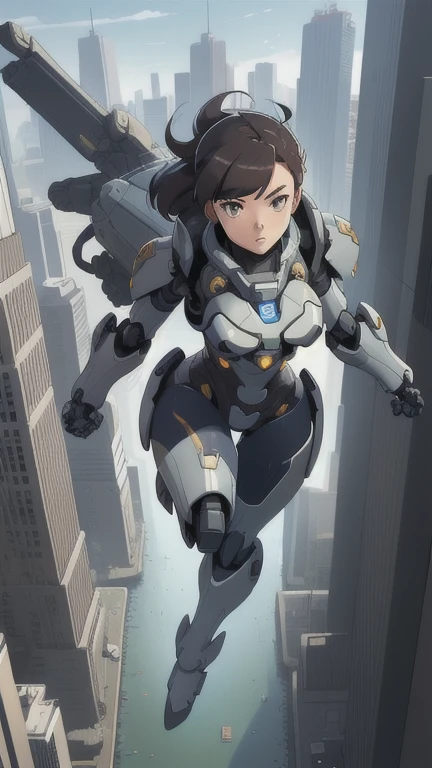 1 girl, mecha, city, Whole body, floating, to throw, from above, power armor, dynamic pose,