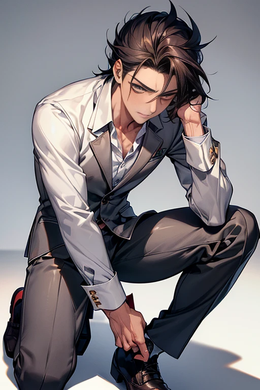 High school boy,Height: 175cm,Practical Muscles,Slim Macho,Domon Kash,Old scar on the left cheek,Anatomically correct, Damaged, High detail, Textured skin, Ultra high definition, High School Uniform、Boys' blazer,White shirt,Grey slacks,Leather shoes,