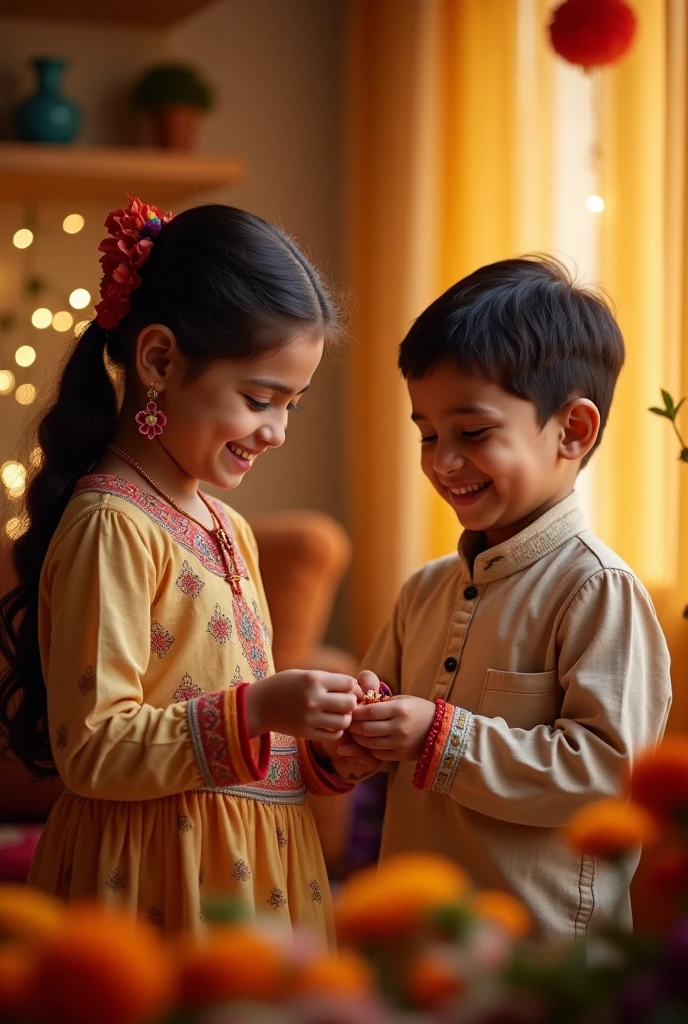 sister putting rakhi on brother's hand