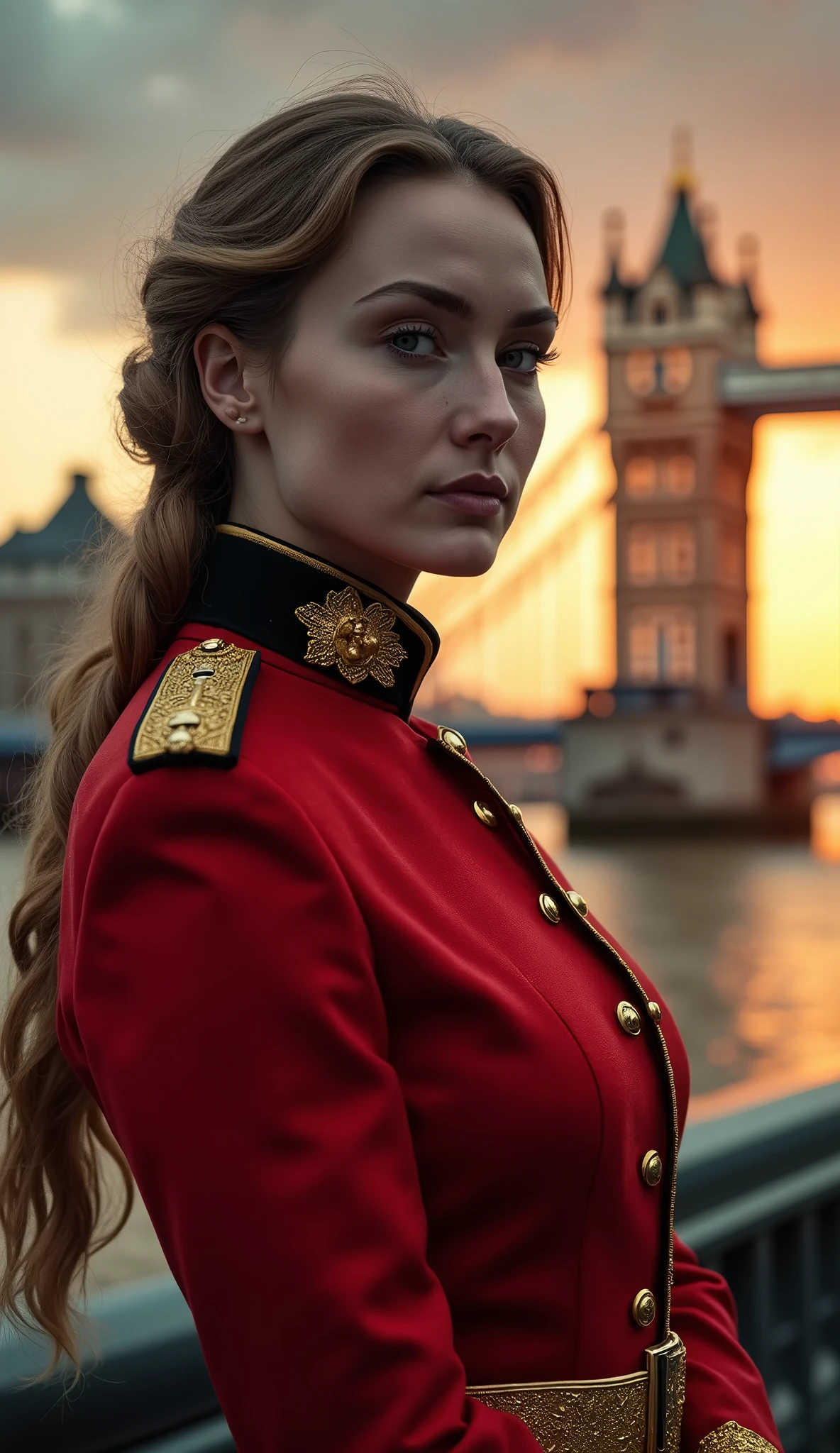 A beautiful female British Army officer in Victorian Era red tunic uniform, standing guard at a London landmark, with a nuclear fallout background, high quality, photorealistic, masterpiece, extremely detailed, cinematic lighting, dramatic composition