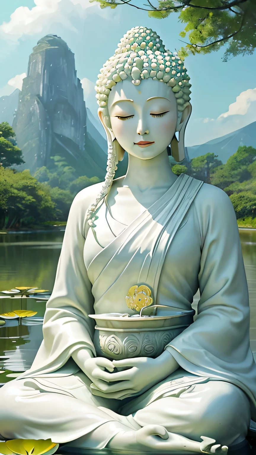 (Masterpiece),(Best quality),(Ultra-detailed), (Body:1.2), 1 Buddha statue, floating in a powerful zen state. White skin, Amitayus, sitting on a lotus flower, Chant the Buddha's name with both hands, temples, wearing an outfit, White skin, face round, kind, gentle, look, Mountains, green trees,stream,sunset light YELLOW, falling petals, forest, Birds, Clouds, dew, En plein air, Bright, fresh, Green, White skin, (Beautiful detailed face), (Eyes closed), (surrealism),