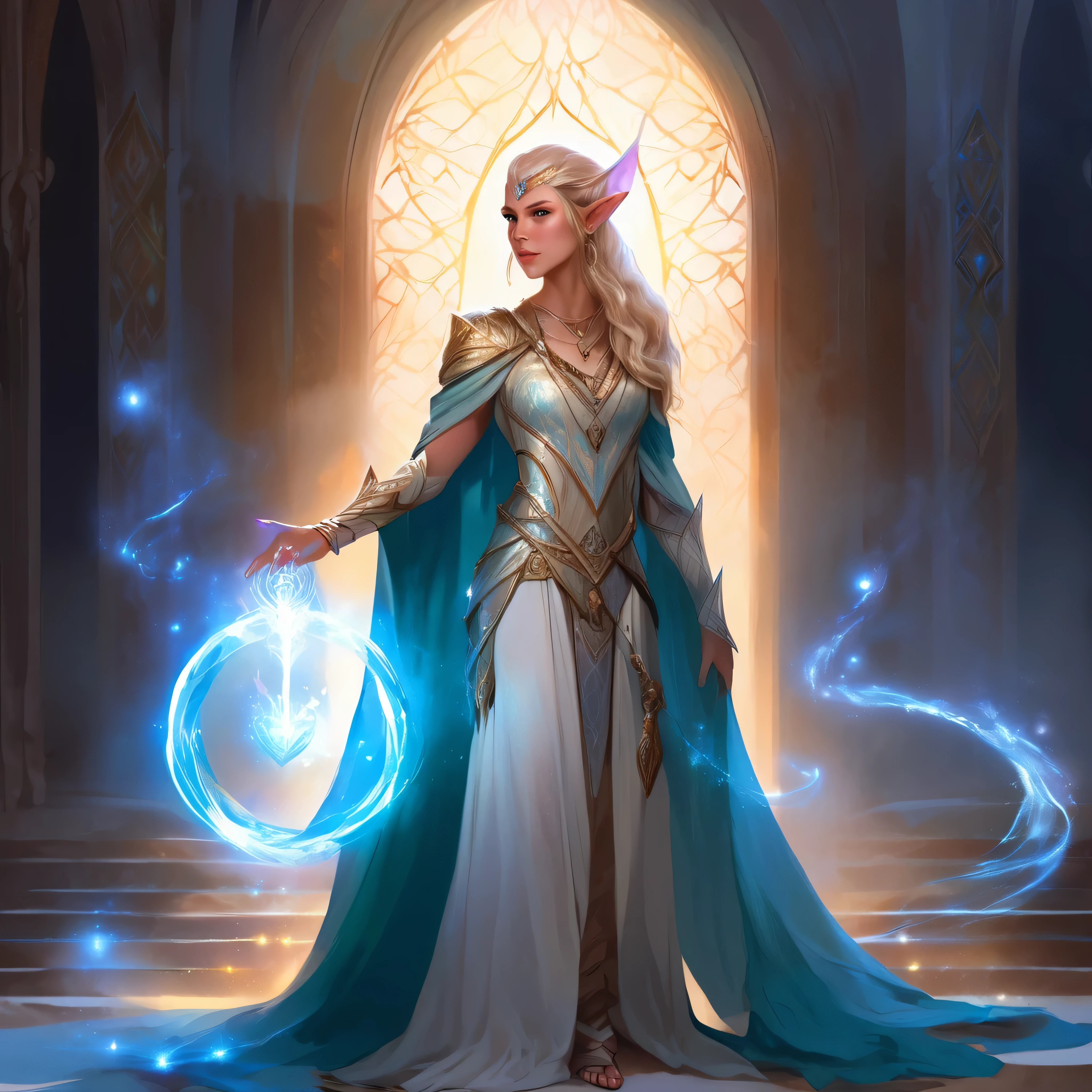 ethereal fantasy concept art of a brave elf dnd sorceress . magnificent, celestial, ethereal, painterly, epic, majestic, magical, fantasy art, cover art, dreamy, full body shot, staff in right hand, surrounded by runes of light
