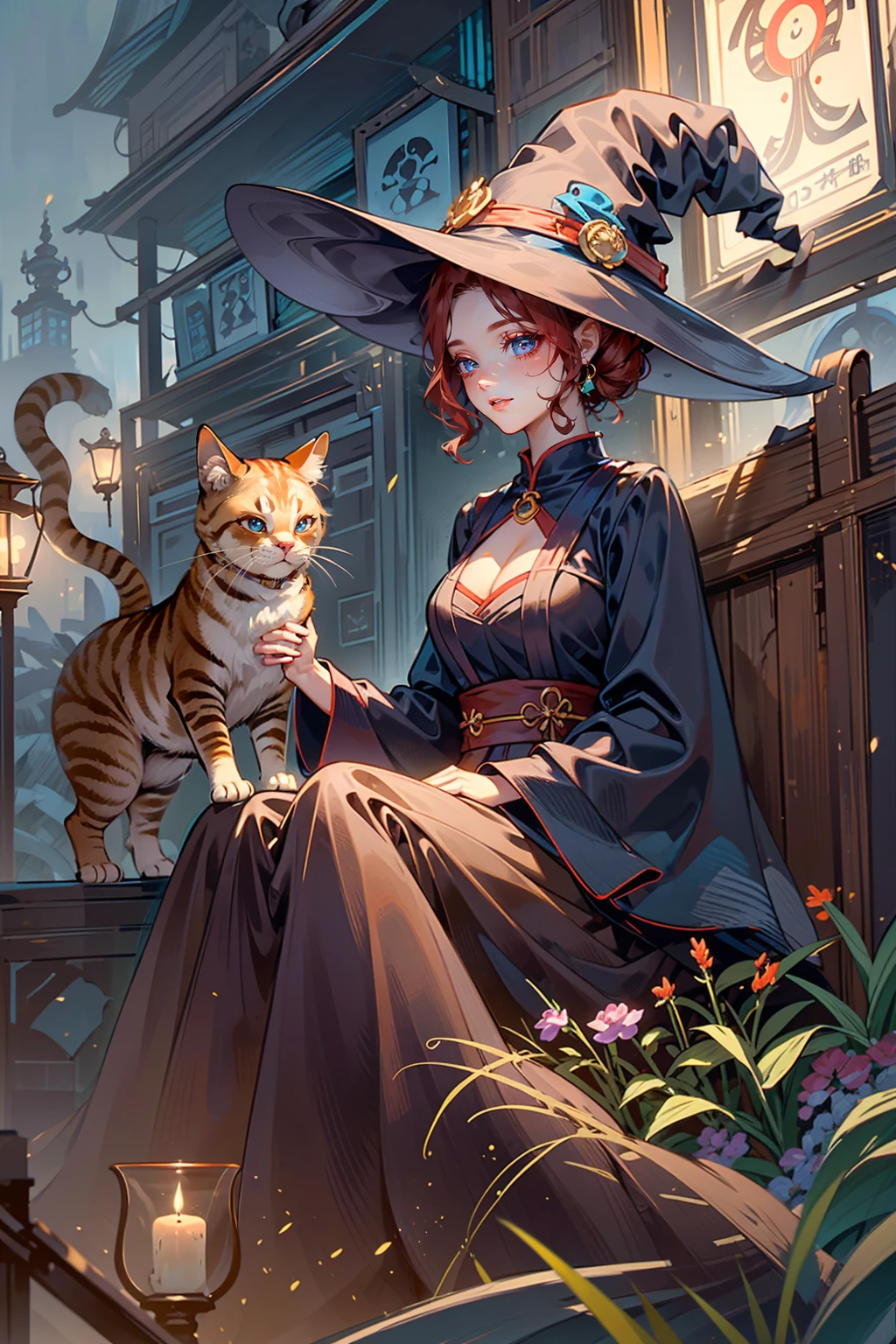 A very beautiful witch、Multiple very large cats、Witch&#39;s Familiar Cat、The witch is diligently hitting the cat、The cat is standing upright on two legs、Cats are very eerie、A group of bakeneko
