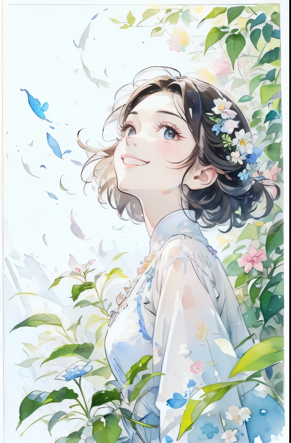 (masterpiece、best quality、best quality、Pretty and beautiful:1.2)、Good anatomy、（Watercolor 1.5）、Composition looking up from below、Long Shot、Short straight hair style for women、Beautiful Smile、Pure white fairy costume、pure、charm、Staring at the blue sky、Flowers and leaves、Plant Art