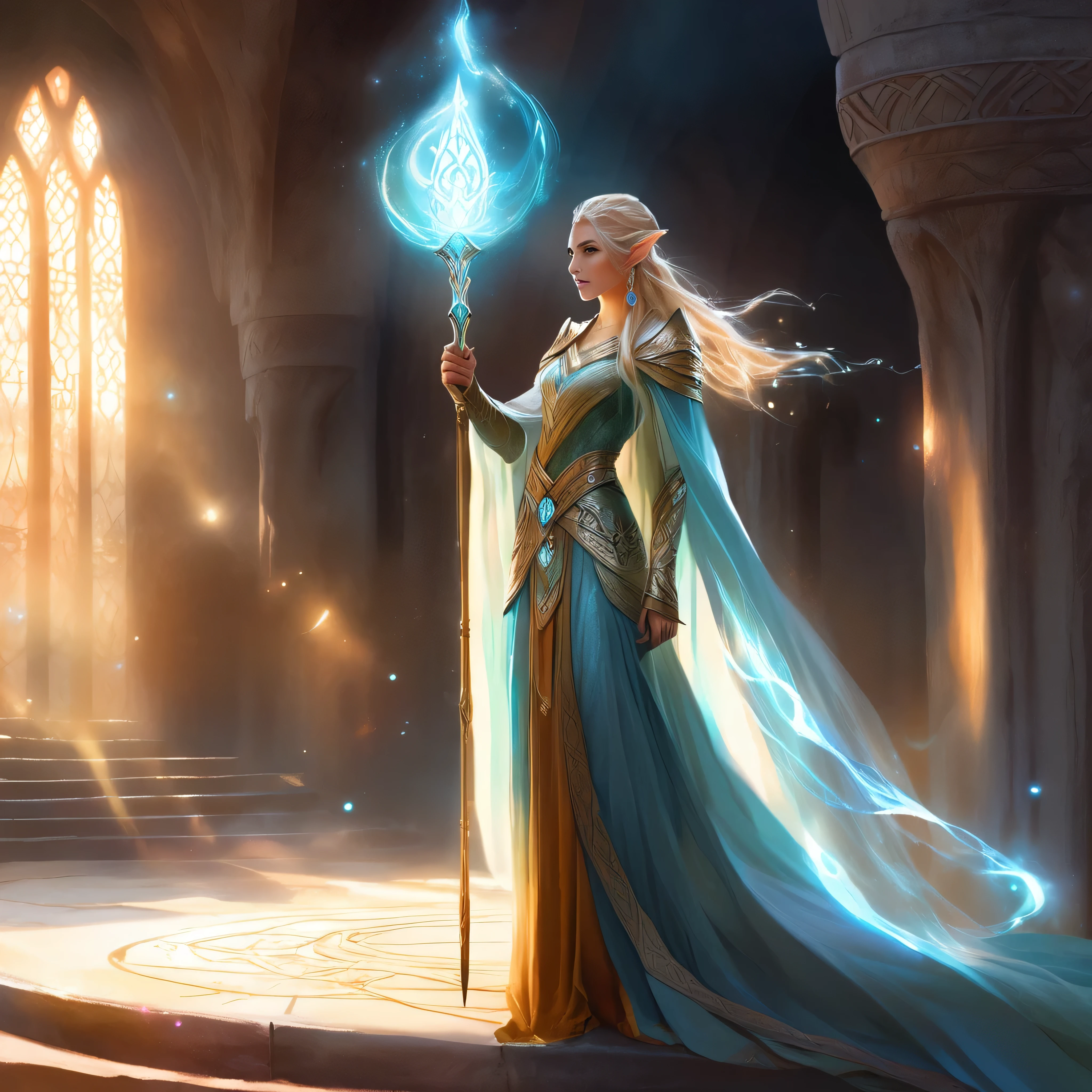 ethereal fantasy concept art of  a brave elf dnd sorceress . magnificent, celestial, ethereal, painterly, epic, majestic, magical, fantasy art, cover art, dreamy, full body shot,  staff in right hand, surrounded by runes of light