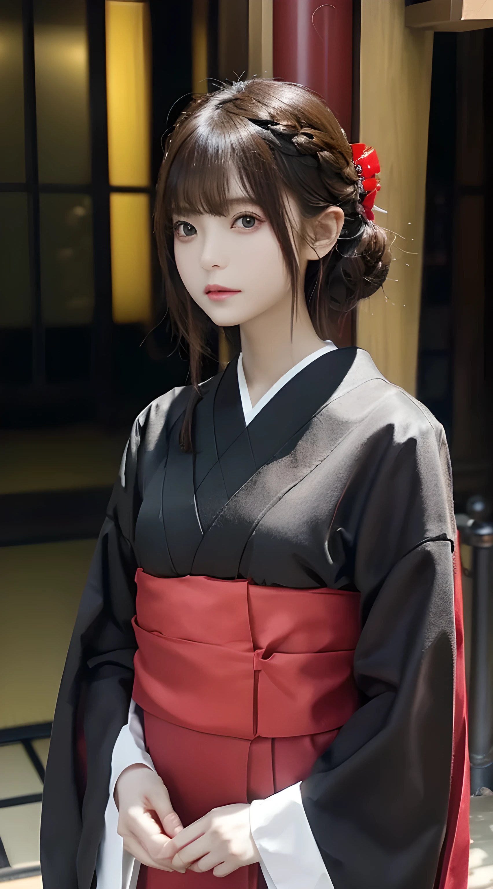 masterpiece, 1. Beautiful Japanese woman, Delicate eyes, swollen eyes, Top quality, 超high resolution, Movie Lighting, Japanese, Beautiful Skin, Slim, (Surrealism), (high resolution), (8K), (Ultra Detailed), Detailed face, Bright Lights, Professional lighting、Facing forward、The background is a cityscape of London、Background blur、short hair、Hair color is brown、The clothing is black gothic style 、Black feather、A bright red apple floats in the air、The composition is above the waist、