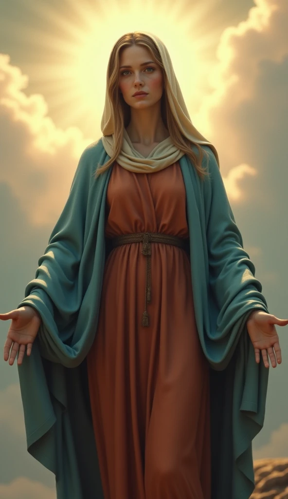 highres,4K,HDR,beautiful Virgin Mary, photorealistic, realistic,sweat skin, thin face,standing,(((half body))), small breasts, rust-colored tunic, Blue cloak and veil