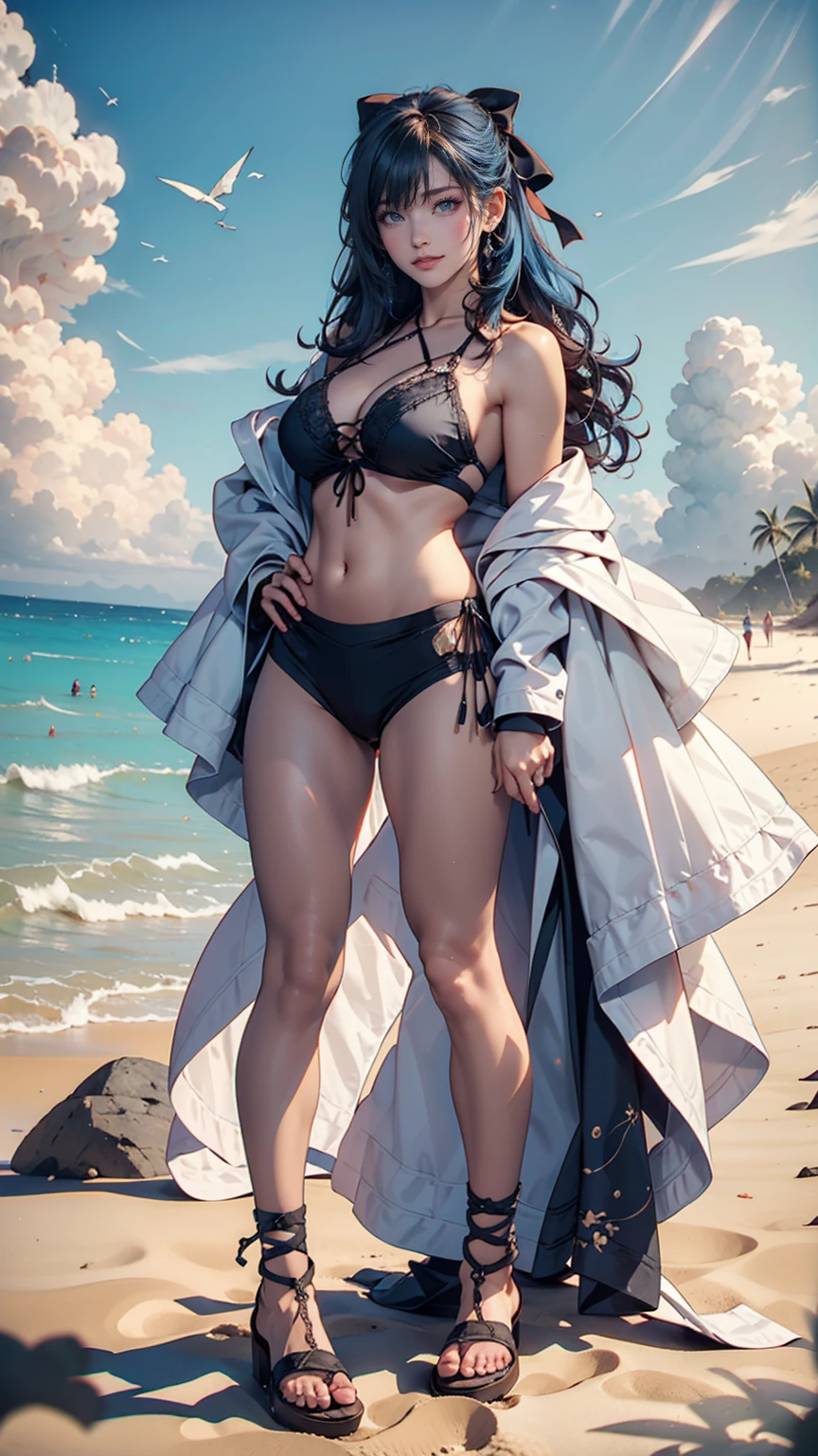 masterpiece, Highest quality, Are standing, Liselotte Cletia, A light smile, Long Hair, Wavy Hair, bangs, Hair between the eyes, Hair Ribbon, blue eyes, (Blue Hair:1), Black Bikini, Beach 、Lace-up sandals、Place hands on hips