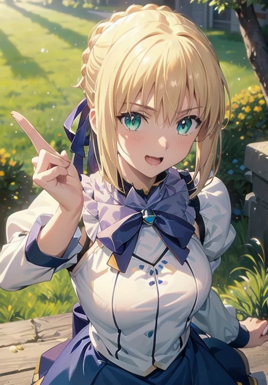  masterpiece, beautiful detail, beautiful light and shadow,Beautiful Anime Woman, Beautiful art style, Anime characters,1girl, ((((solo)))),saber,blonde hair, french  braid,short hair, hair ribbon,Sexy Hard Body,dynamic pose,looking at another,smile,v,v sign,(close-up),((aqoutfit)), outdoors, open mouth