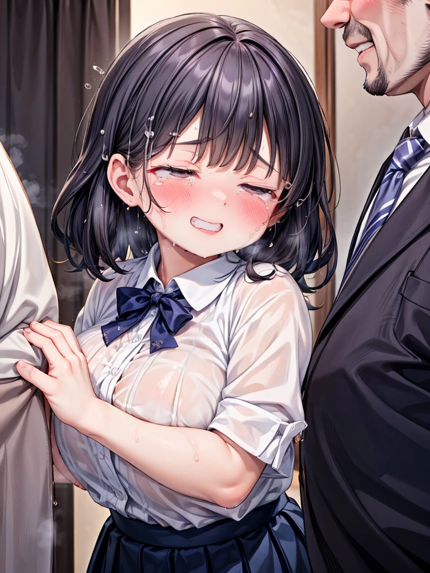 (Girl, Fat middle-aged man:1.2)、(shirt)、(Pleated skirt)、blush、(Close contact with middle-aged men:1.9)、Very detailed、High resolution、4K、masterpiece、High resolution、(tears:1.8)、(heart:1.3)、(rape)、(Grin:1.3)、(Half-close your eyes:1.6)、(Sweaty:1.3)、(Big Breasts)、(Push one&#39;s groin forward)、orgasm、(Feels good:1.6)、(Groping the chest:1.3)、(Leaning forward)