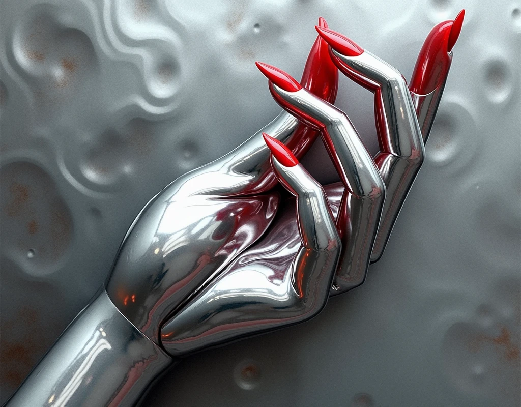 Liquid metal art, a feminine hand, manicured hand, dynamic position, red fingernails