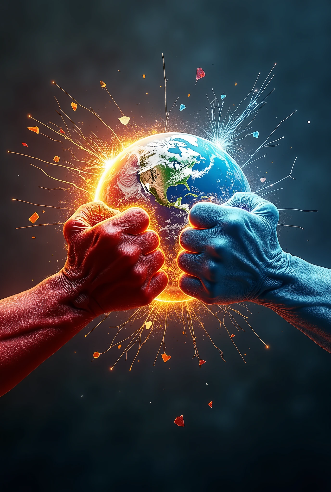 Create a hyper-realistic image of two hands delivering powerful punches to a spherical Earth, causing it to shatter into pieces. The first hand, with extremely red, fiery skin, is shown on one side, its knuckles pressed against the surface of the Earth, showcasing veins and textures in vivid detail. On the opposite side, a second hand with an icy blue color, equally detailed with visible tendons and cold textures, also connects with the sphere. The impact from both hands is causing the Earth to crack and explode outward, with fragments flying in all directions. The scene is captured in dramatic detail, with emphasis on the contrast between the fiery red and icy blue hands, symbolizing opposing forces. The background is dark and muted, ensuring that the focus remains on the intense action and the dramatic explosion of the Earth.