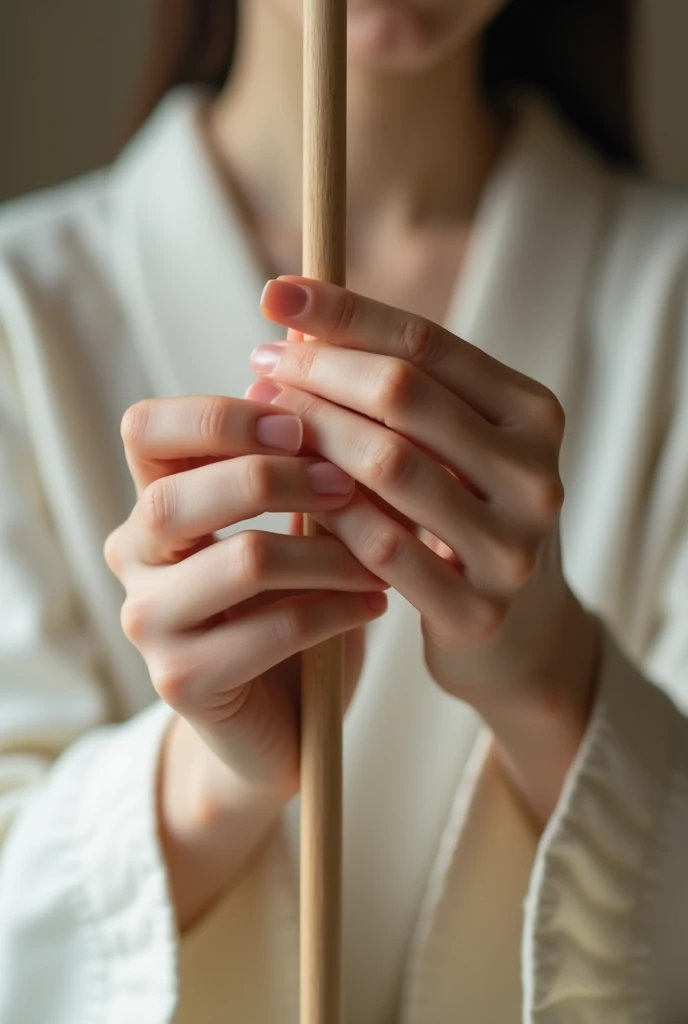 Generate a close-up image of two hands positioned in front of the viewer. beautiful young Japanese woman wearing only underwear. both hands are extended forward , with the fingers curled just like softly grabbing a stick. Ensure that the fingers of both hands are detailed, with attention to the textures and contours of the skin. The background should be neutral or softly blurred to keep the focus on the hands and the interaction between them.