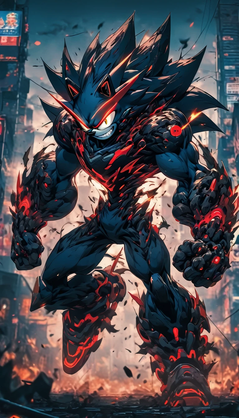 Black Red Metal Sonic, attack, Wide shot from the ground, Symmetric, Bright red eyes, Bokeh, Cyberpunk Wasteland, Neonstadt, Surrealist, 4K, Nano Suite, Award-winning, background, Muscular legs , Muscular arms, Muscular upper body, Muscular Abs , Muscular shoulders,
