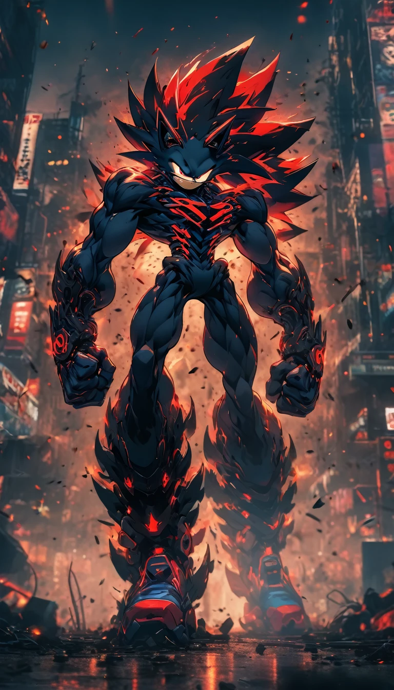 Black Red Metal Sonic, attack, Wide shot from the ground, Symmetric, Bright red eyes, Bokeh, Cyberpunk Wasteland, Neonstadt, Surrealist, 4K, Nano Suite, Award-winning, background, Muscular legs , Muscular arms, Muscular upper body, Muscular Abs , Muscular shoulders,