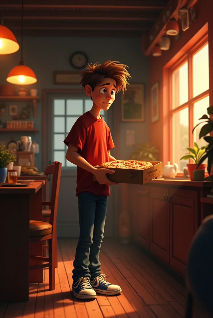 "A cozy, small-town pizza shop interior in the evening. Max, a nervous and slightly clumsy delivery guy, is standing at the counter, holding a pizza box. He is glancing anxiously at a delivery slip with a spooky mansion address. The pizza shop is bustling with activity in the background, and some staff members are laughing, hinting that they know the mansion's eerie reputation. The overall atmosphere is warm but slightly chaotic."