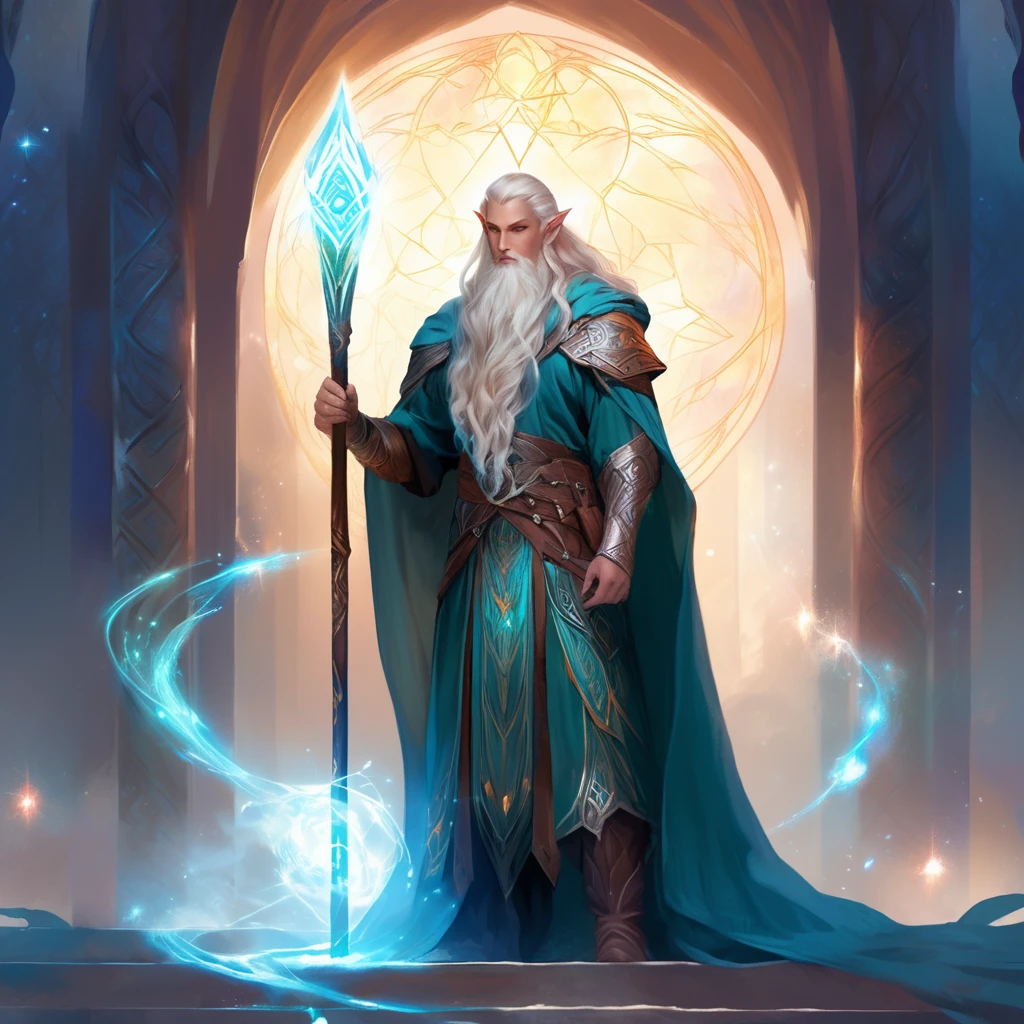 ethereal fantasy concept art of a brave elf dnd male wizard. magnificent, celestial, ethereal, painterly, epic, majestic, magical, fantasy art, cover art, dreamy, full body shot, staff in right hand, surrounded by runes of light