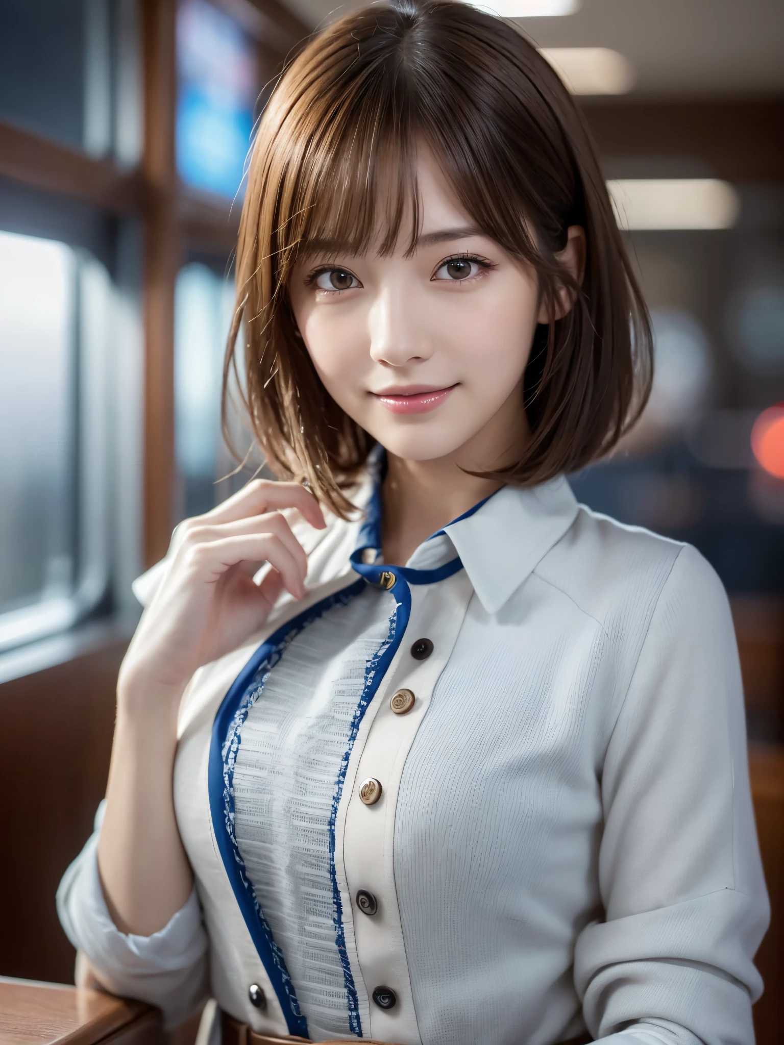 1 cabin attendant,(ANA Uniforms), (RAW Photos, Highest quality), (Realistic, Photorealistic:1.4), Tabletop, Very delicate and beautiful, Very detailed, 8k wallpaper, wonderful, In detail, Highly detailed CG unification, High resolution, Soft Light, Beautiful and detailed 25-year-old beauty, Very detailed目と顔, Beautifully detailed nose, Beautiful attention to detail,Cinema Lighting,Night airport,Perfect Anatomy,Slender body,smile (Bob, My hair is messy, Asymmetrical bangs, Light brown hair,)