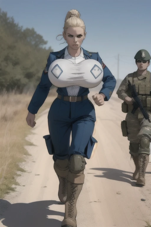 group of female soldiers, war photography, (cinematic lighting:1.1), highest quality, photo of (group of fully dressed really tanned 20yo sexy muscular female army special forces with taut clothing military top, ponytail hair, running holding a rifle), (bouncing breasts, motion lines, motion blur), too tight military shirt, medium_boltedontits, perfectly round breasts, breast implants, unaligned breasts, perfect face, parted lips, dumb expression, (wearing military Combat uniform, battlepack, boots:1.2), athletic body, on the battlefield, fake tits