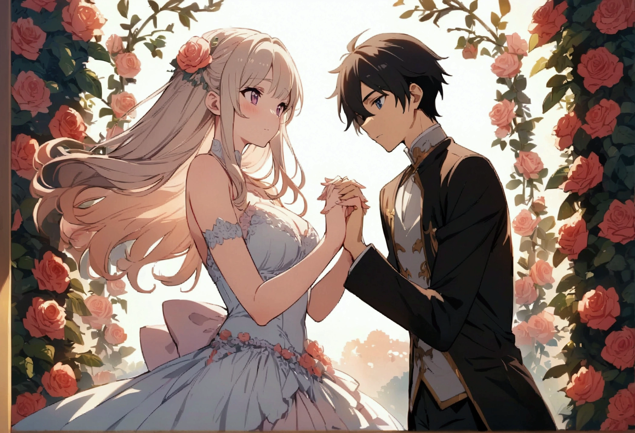 Cute, feminine, beautiful, anime boy and anime girl together, roses in the background, majestic, high quality, masterpiece, holding hands in a cool pose