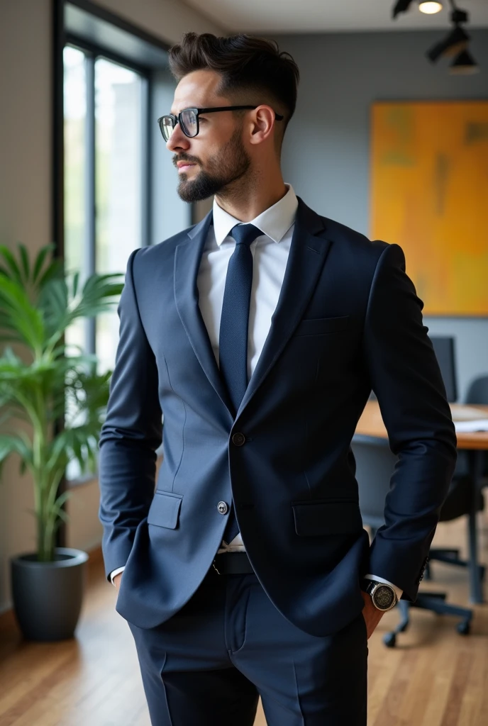 Produce an image of a competent office man dressed in a suit and tie, complete with eyeglasses. The setting should be a modern, well-organized office with a touch of sophistication.