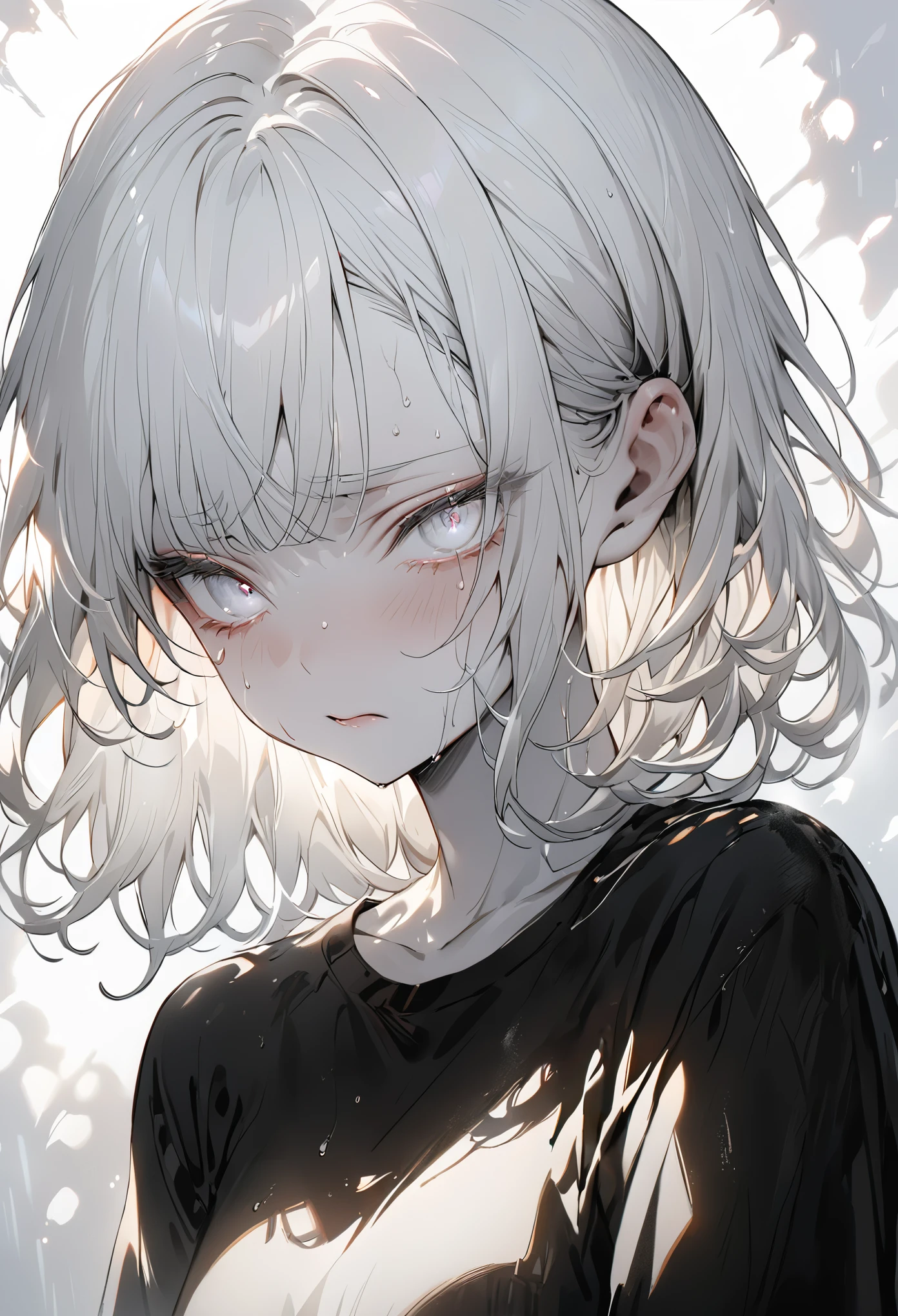 masterpiece, best quality, ((pure white background)), permanent, slim,albino, white hair, white eyelashes, white eyebrows, cold face, White skin, Black T-shirt, sad expression, Light effect, soft, super clear, HD images, (front)
