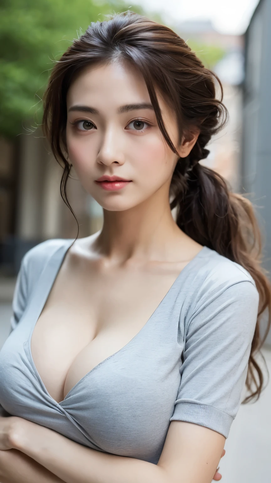 ((Highest quality, 8k, masterpiece :1.3)), One person, Very fine skin、Dynamic Lighting、Close-up of face、Beautiful woman with slim abdominal muscles :1.3, (Random Hairstyles, Huge breasts :1.5),Slender figure、Casual clothing :1.2 Highly Detailed Faces, Fine grain, double eyelid、Japanese women