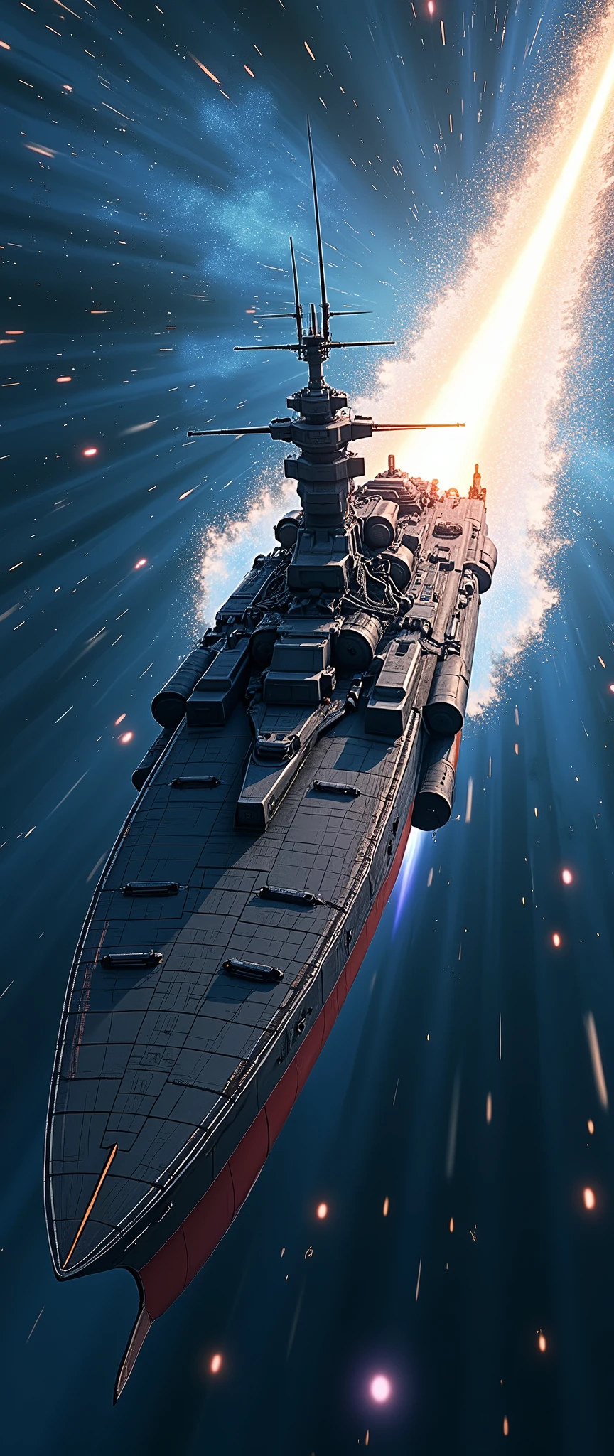 (masterpiece:1.2,Distinguished Quality,Anime Style:2.0,Cinematic Experience),8k,wallpaper,(Best illustrations:2.0),(A battleship-shaped spaceship performs warp travel.:2.0),(sf:2.0),(A streamlined spaceship resembling the Yamato battleship:2.0),(dynamic),(Beautiful particles of light are emitted from the wave engine at the stern.:2.0),(Representing superluminal speed with a beautiful line of light:2.0),(((The background is a wormhole and subspace.:2.0))),(Motion Blur)