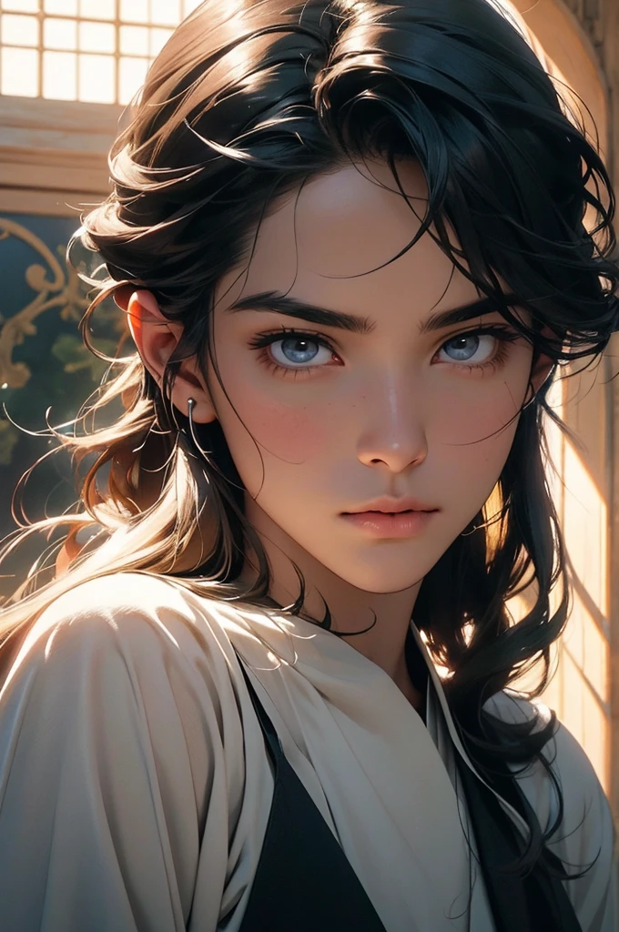 man, male, effeminate face, sorcerer, teacher, long smooth black hair, large black eyes, very light pale skin, silver eyes, Japanese , oriental, desert, marble castle, detailed face, detailed eyes, detailed hair, greenery, water magic, full body, desert greenery, desert plant, wind, magic wand, Arab city, arabic-style castle, MAGIC, magic circle, natural light, detailed face, beautiful eyes, delicate features, soft colors, serene atmosphere, high quality, detailed, photorealistic, photo-realistic:1. 37, 4k, ultra-detailed, extremely detailed, hyperrealistic, highly detailed, masterpiece:1.2, vibrant colors, natural lighting, cinematic, dramatic, fantastic, magical, surreal.