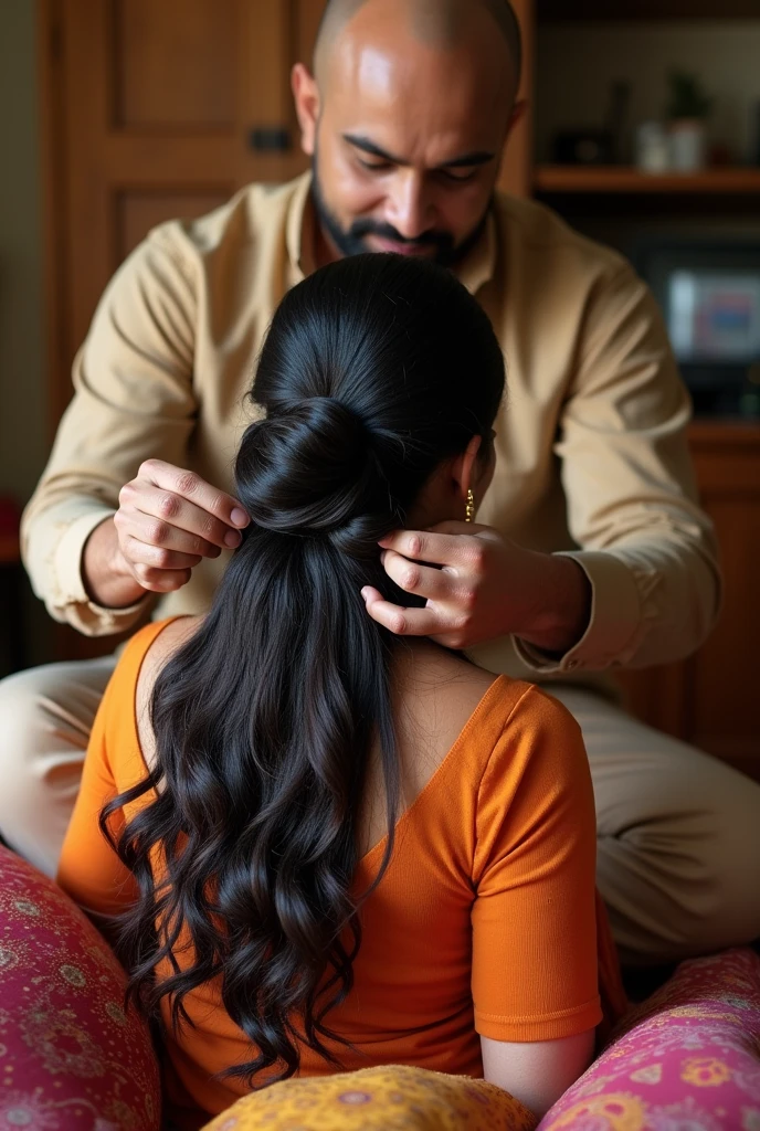 A 30 year old bald Indian men is hair fetish and he plays with 28 year old wife who has knee length long thick hair. Make image were he makes a bun out of her hair