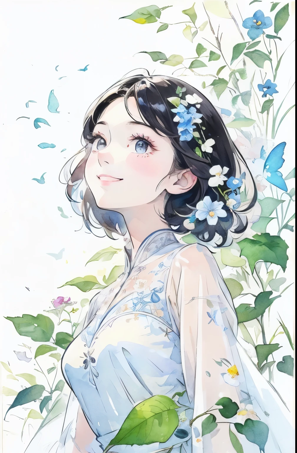 (masterpiece、best quality、best quality、Pretty and beautiful:1.2)、Good anatomy、(Watercolor 1.5)、Composition looking up from below、Long Shot、Short straight hair style for women、Beautiful Smile、Pure white fairy costume、pure、charm、Staring at the blue sky、Flowers and leaves、Plant Art