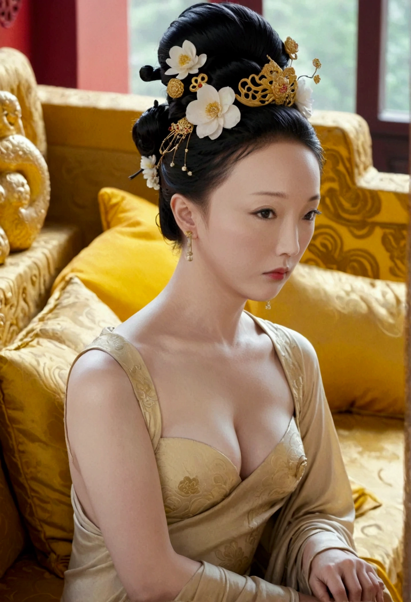 Nude statue of a 35-year-old woman from the Qing Dynasty. She sits naked on a large golden couch, looking straight ahead. Her breasts are large, her hair is tightly tied up, and she wears a hairpin and flowers. The background and location is the Empress of China. The story takes place in the luxurious room of an empress in the Chinese court during the Qing Dynasty.