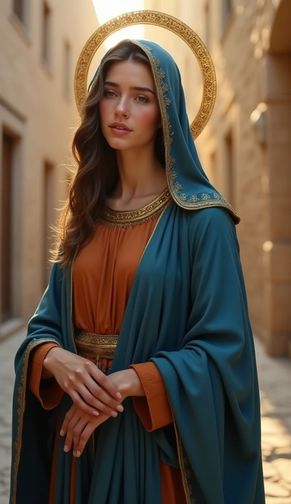 highres,4K,HDR,beautiful Virgin Mary, ancient Israeli female, halo, photorealistic, realistic,sweat skin, thin face,standing,(((half body))), small breasts, rust-colored tunic, Blue cloak and veil