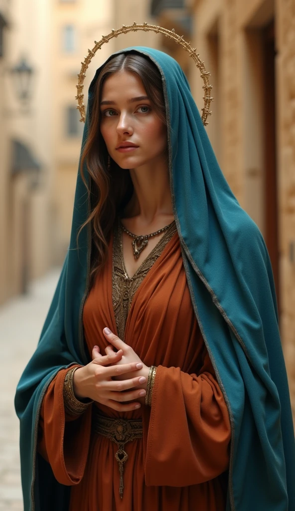 highres,4K,HDR,beautiful Virgin Mary, ancient Israeli female, halo, photorealistic, realistic,sweat skin, thin face,standing,(((half body))), small breasts, rust-colored tunic, Blue cloak and veil