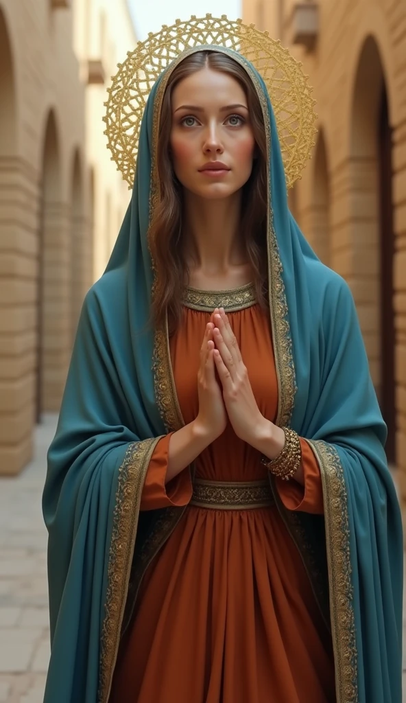 highres,4K,HDR,beautiful Virgin Mary, ancient Israeli female, halo, photorealistic, realistic,sweat skin, thin face,standing,(((half body))), small breasts, rust-colored tunic, Blue cloak and veil